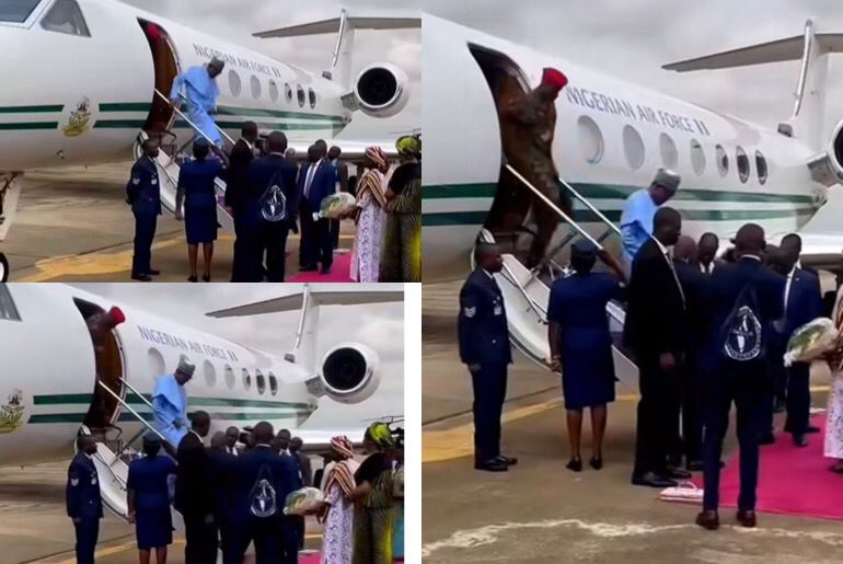 The Moment The Outgoing President Of Nigerian, Muhammadu Buhari, Was Spotted Alighting The Presidential Plane ahead Dangote refinery commissioning